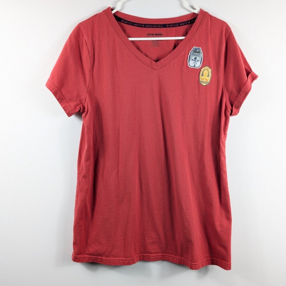 Star Wars Galaxy's Edge Womens Large V-Neck Tee Red R2-D2 C-3PO Patch Cotton